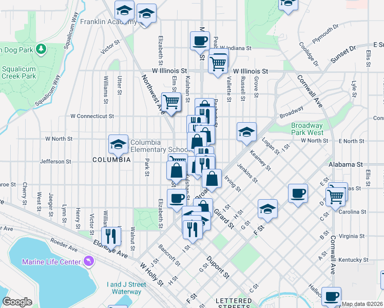 map of restaurants, bars, coffee shops, grocery stores, and more near 2504 Kulshan Street in Bellingham