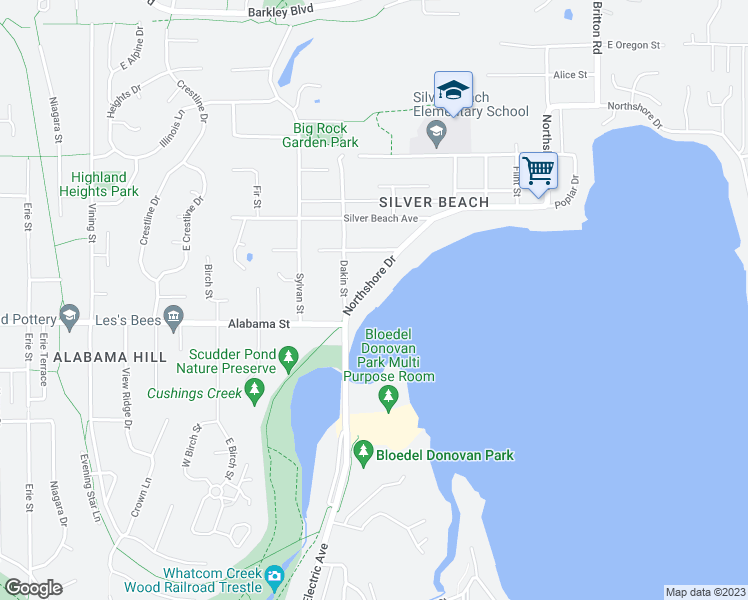 map of restaurants, bars, coffee shops, grocery stores, and more near 120 Northshore Drive in Bellingham