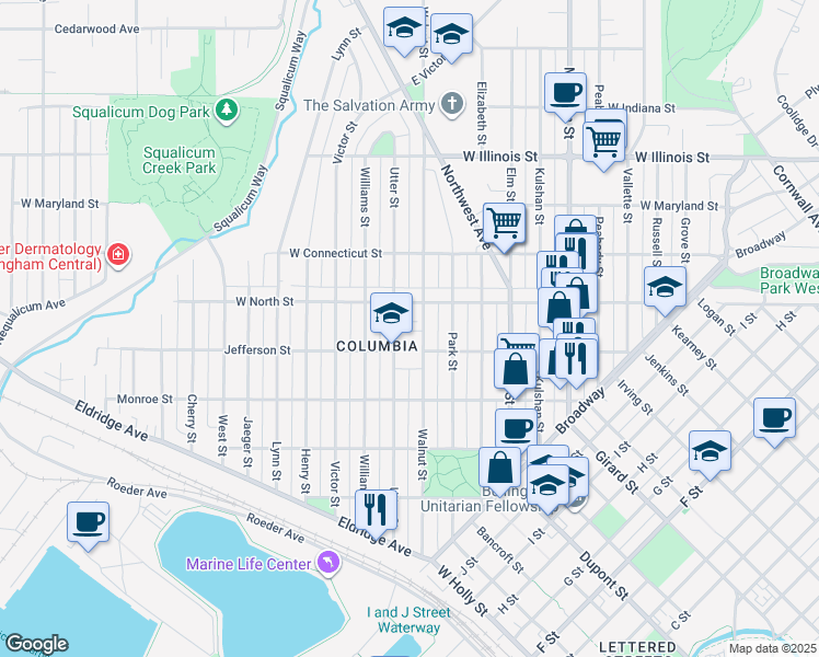 map of restaurants, bars, coffee shops, grocery stores, and more near 2508 Utter Street in Bellingham