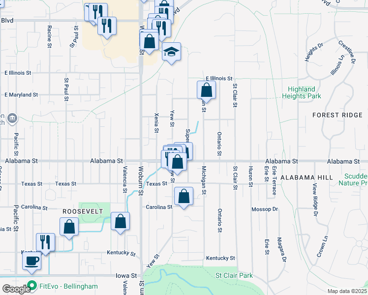 map of restaurants, bars, coffee shops, grocery stores, and more near 2510 Yew Street in Bellingham