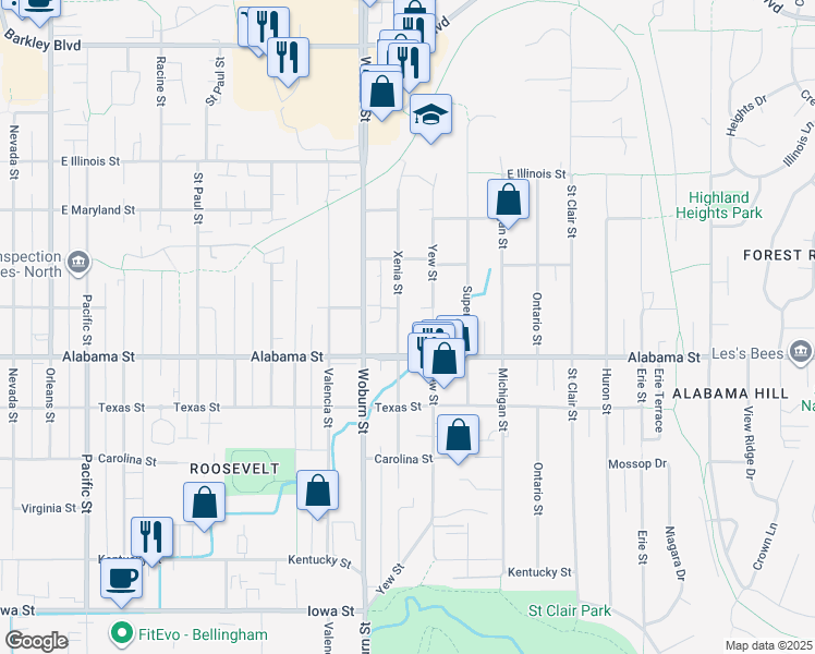 map of restaurants, bars, coffee shops, grocery stores, and more near 2510 Xenia Street in Bellingham