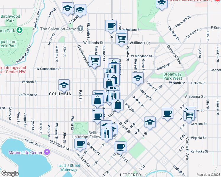 map of restaurants, bars, coffee shops, grocery stores, and more near 2504 Kulshan Street in Bellingham