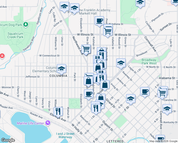 map of restaurants, bars, coffee shops, grocery stores, and more near 2509 Elm Street in Bellingham