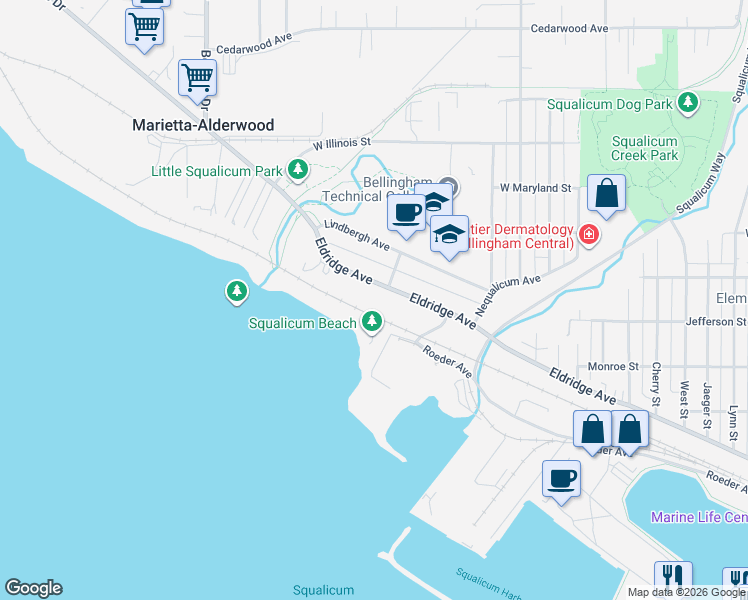 map of restaurants, bars, coffee shops, grocery stores, and more near 3033 Eldridge Avenue in Bellingham