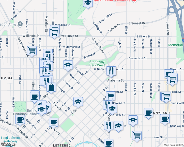 map of restaurants, bars, coffee shops, grocery stores, and more near 2523 H Street in Bellingham