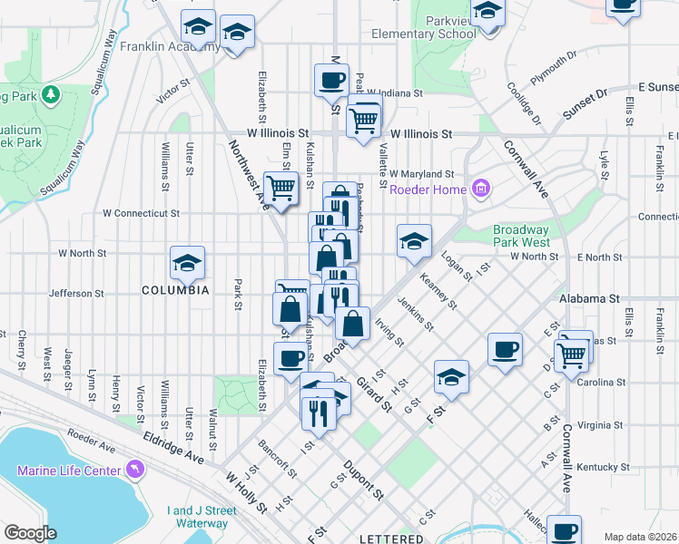 map of restaurants, bars, coffee shops, grocery stores, and more near 2505 Peabody Street in Bellingham