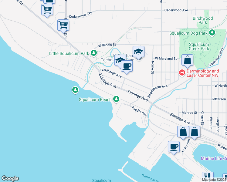 map of restaurants, bars, coffee shops, grocery stores, and more near 3051 Eldridge Avenue in Bellingham