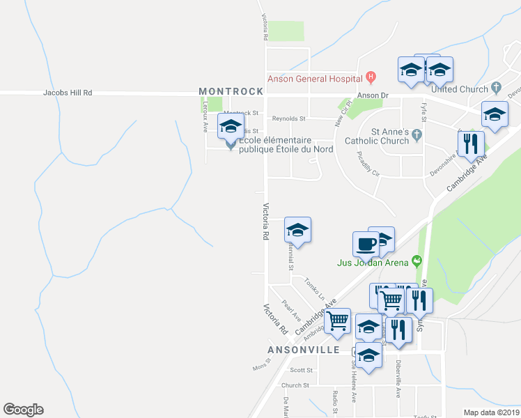 map of restaurants, bars, coffee shops, grocery stores, and more near 1023 Victoria Road in Iroquois Falls