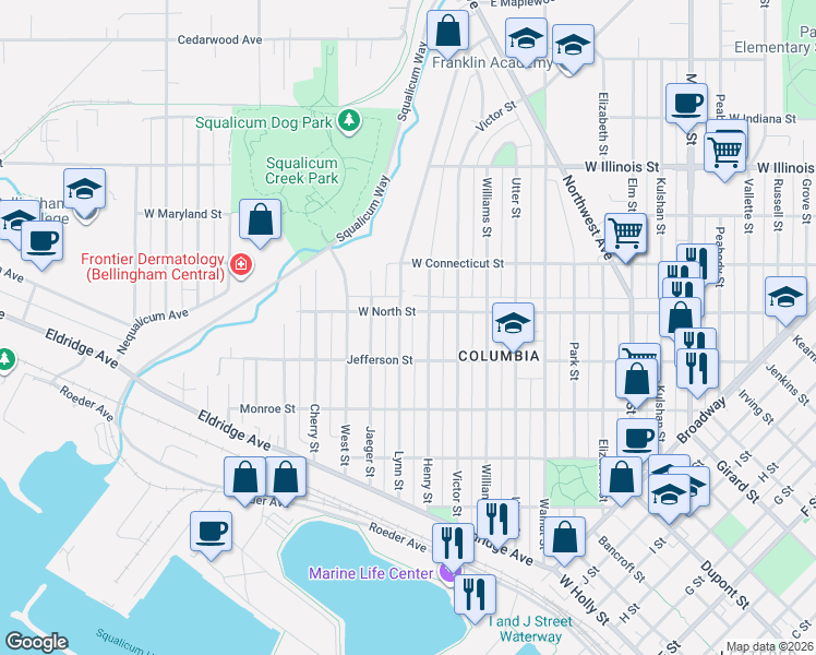 map of restaurants, bars, coffee shops, grocery stores, and more near 2504 Lynn Street in Bellingham