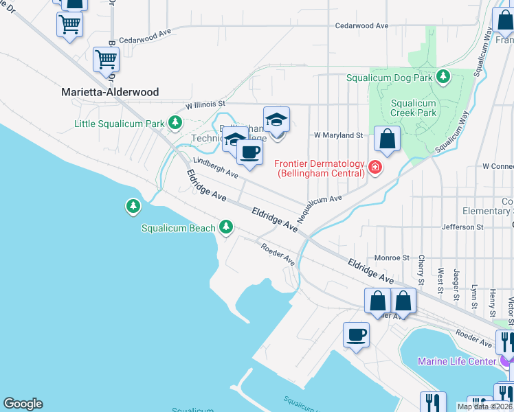 map of restaurants, bars, coffee shops, grocery stores, and more near 3004 Eldridge Avenue in Bellingham
