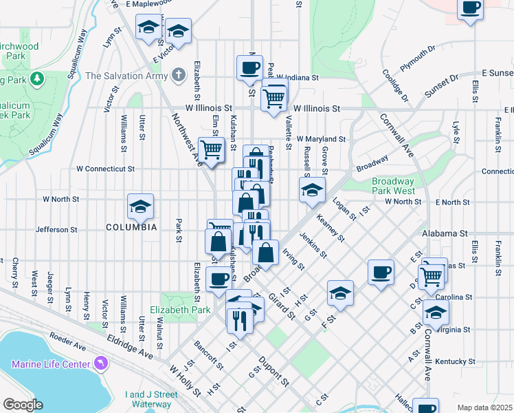 map of restaurants, bars, coffee shops, grocery stores, and more near 2524 Meridian Street in Bellingham