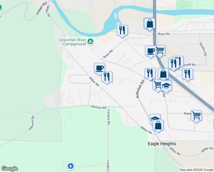 map of restaurants, bars, coffee shops, grocery stores, and more near 3030 Dogwood Road in Duncan