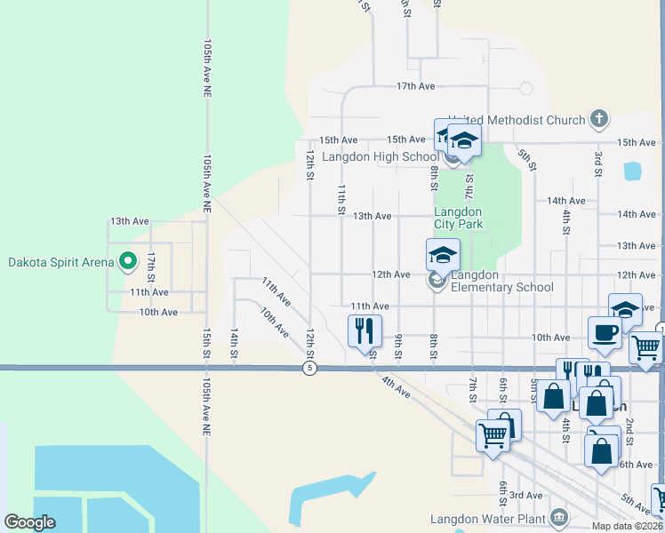 map of restaurants, bars, coffee shops, grocery stores, and more near 1201-1219 Ella Street in Langdon