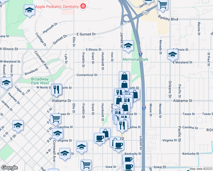 map of restaurants, bars, coffee shops, grocery stores, and more near 611 East North Street in Bellingham