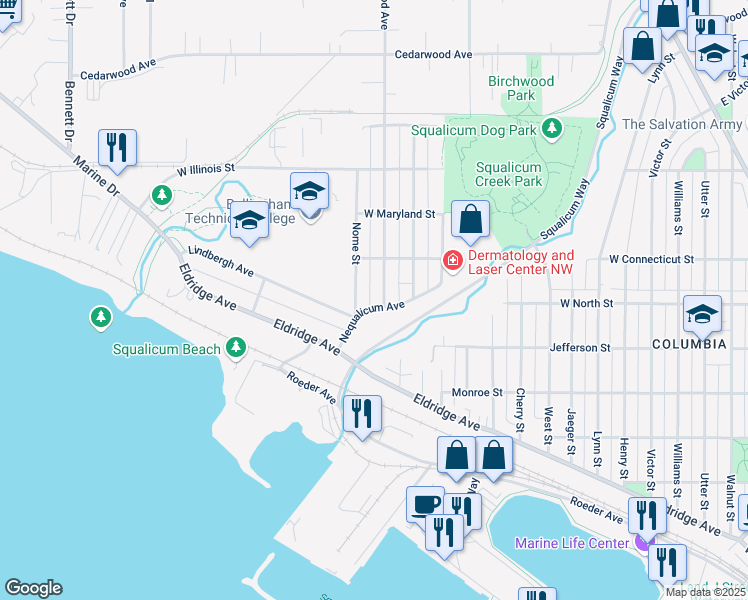 map of restaurants, bars, coffee shops, grocery stores, and more near 2618 Patton Street in Bellingham