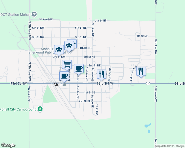 map of restaurants, bars, coffee shops, grocery stores, and more near 107 3rd Avenue Northeast in Mohall