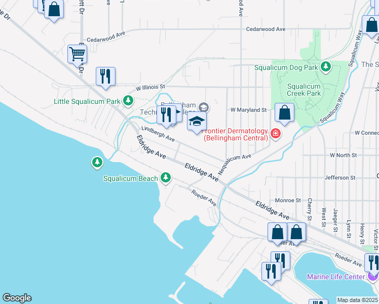 map of restaurants, bars, coffee shops, grocery stores, and more near 3007 Lindbergh Avenue in Bellingham