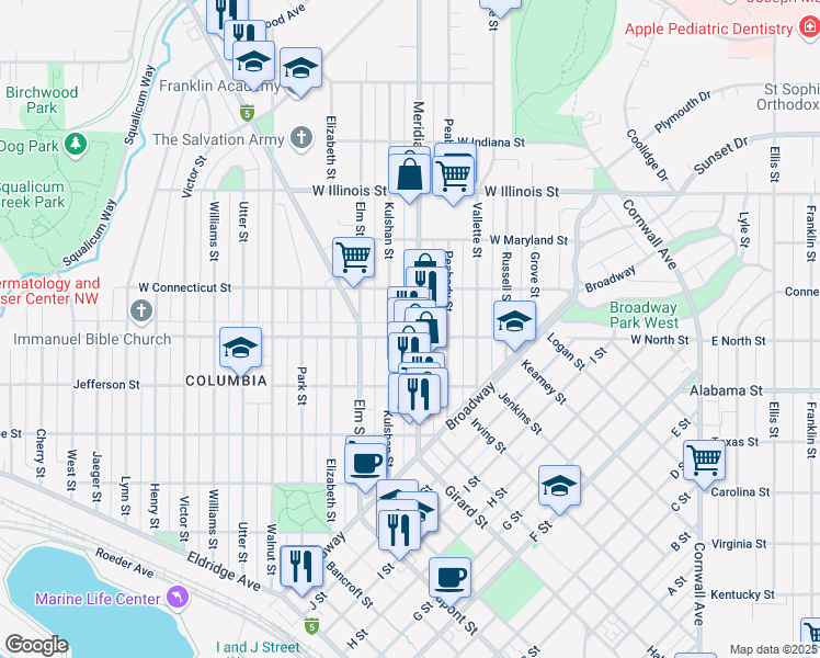 map of restaurants, bars, coffee shops, grocery stores, and more near 2614 Kulshan Street in Bellingham