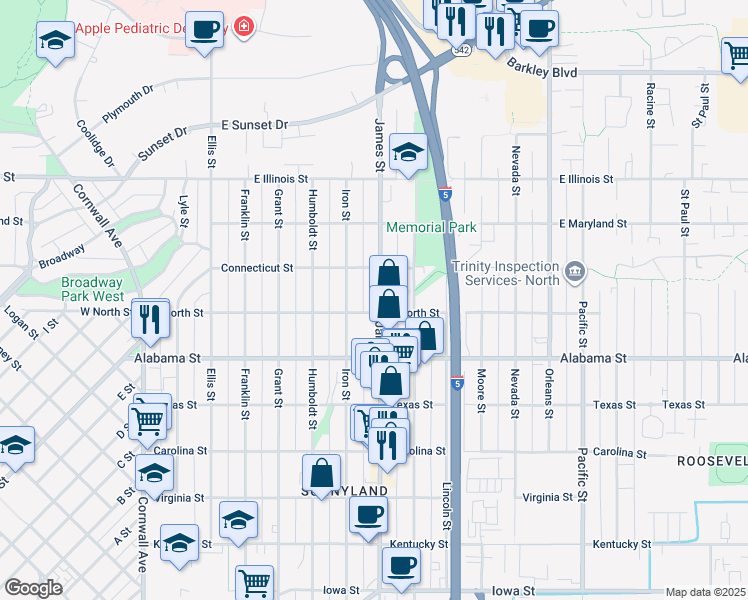 map of restaurants, bars, coffee shops, grocery stores, and more near 2609 James Street in Bellingham