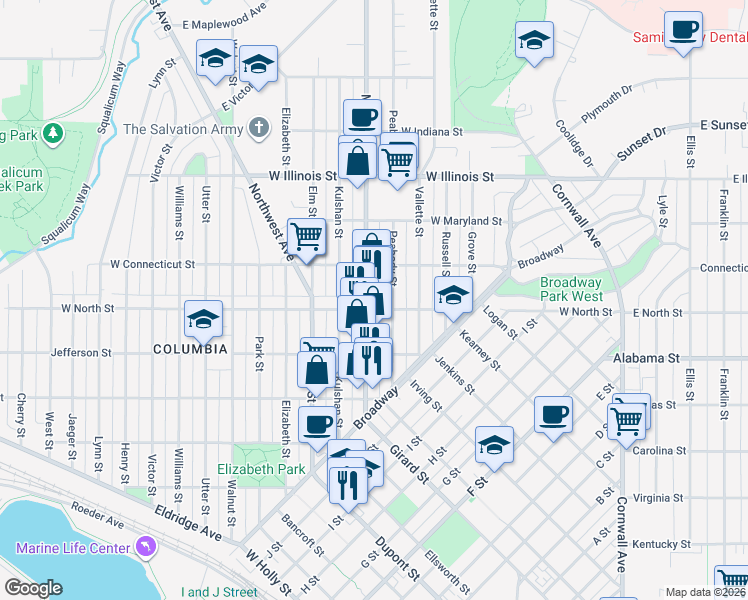 map of restaurants, bars, coffee shops, grocery stores, and more near 2621 Peabody Street in Bellingham