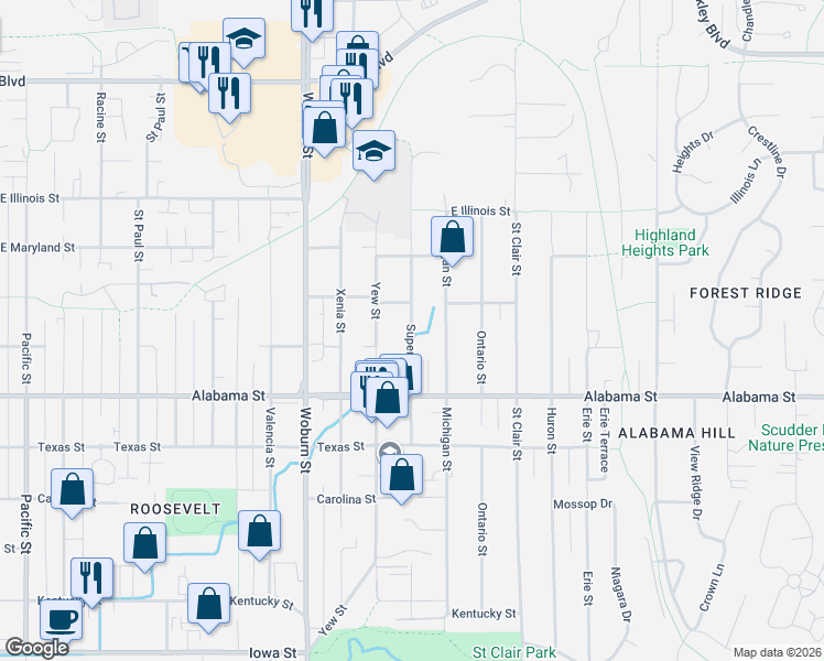 map of restaurants, bars, coffee shops, grocery stores, and more near 2625 Michigan Street in Bellingham