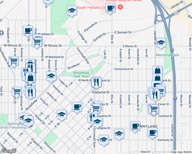 map of restaurants, bars, coffee shops, grocery stores, and more near 2700 South Park Drive in Bellingham