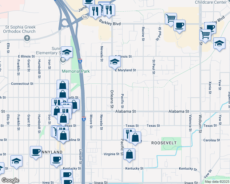 map of restaurants, bars, coffee shops, grocery stores, and more near 2614 Orleans Street in Bellingham