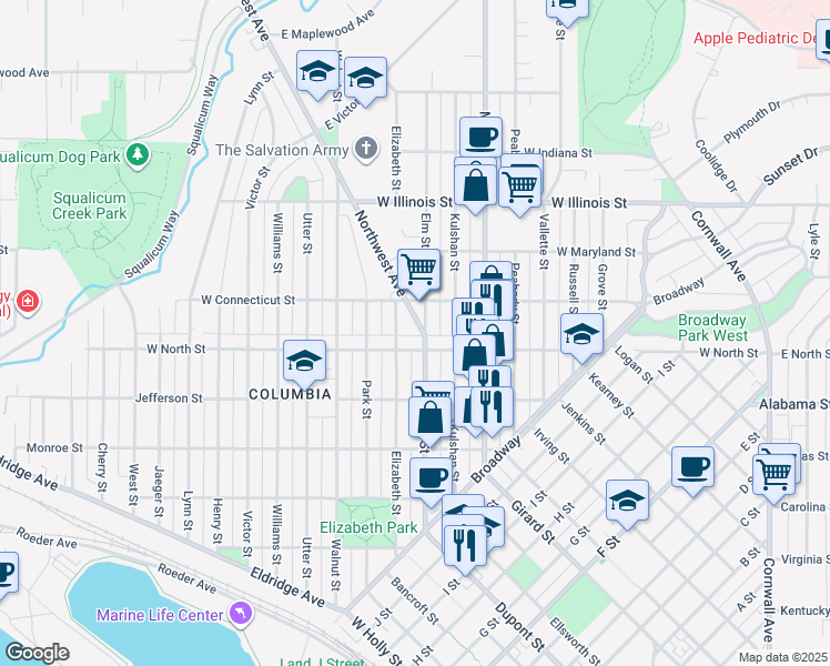 map of restaurants, bars, coffee shops, grocery stores, and more near 2615 Elm Street in Bellingham