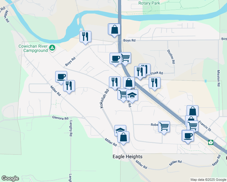 map of restaurants, bars, coffee shops, grocery stores, and more near 2922 Allenby Road in Duncan