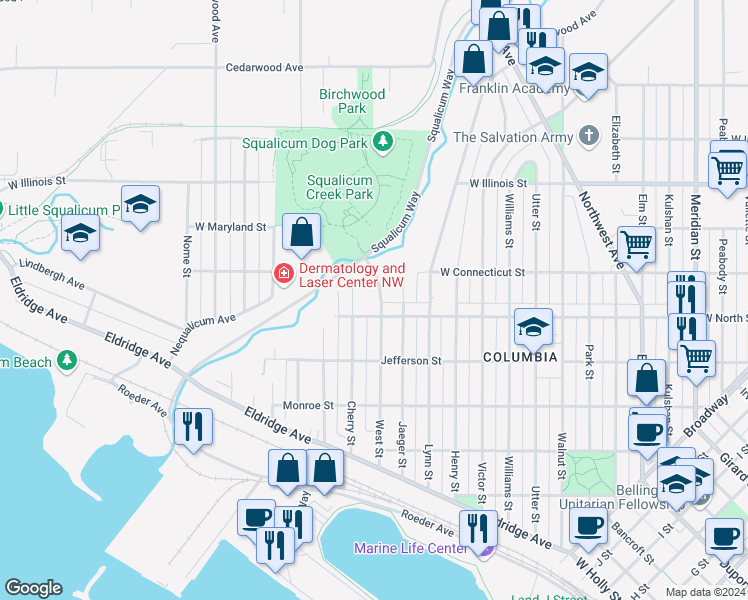 map of restaurants, bars, coffee shops, grocery stores, and more near 2622 Cherry Street in Bellingham