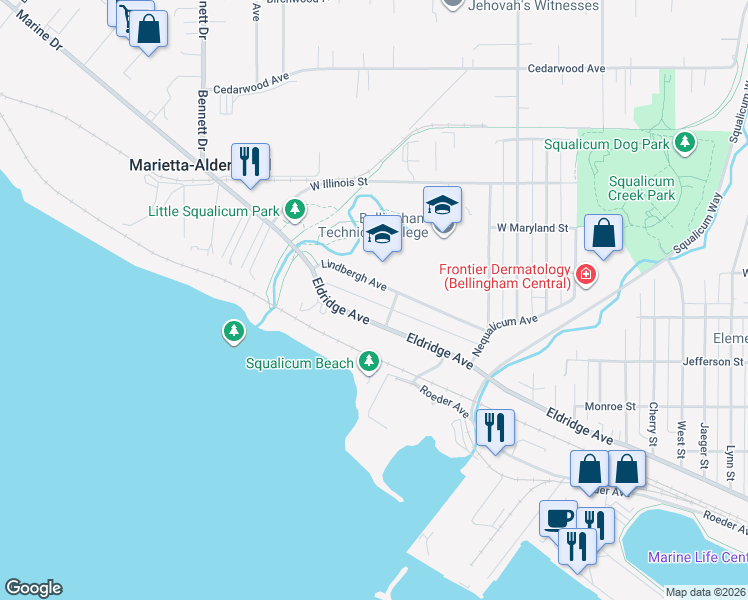 map of restaurants, bars, coffee shops, grocery stores, and more near 2507 Gilligan Way in Bellingham