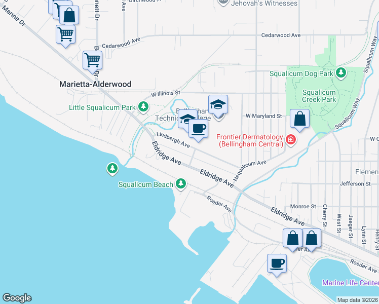 map of restaurants, bars, coffee shops, grocery stores, and more near 2507 Gilligan Way in Bellingham