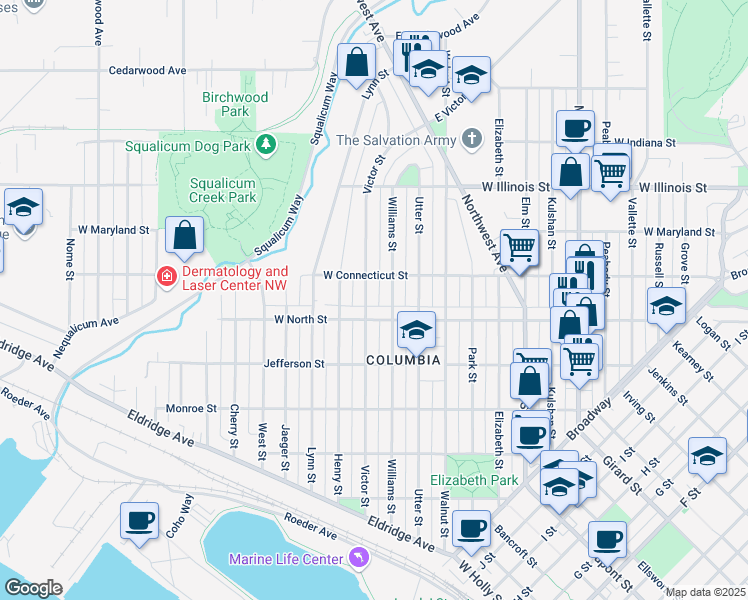 map of restaurants, bars, coffee shops, grocery stores, and more near 2613 Williams Street in Bellingham