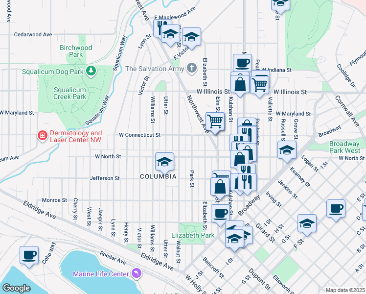 map of restaurants, bars, coffee shops, grocery stores, and more near 2612 Walnut St in Bellingham