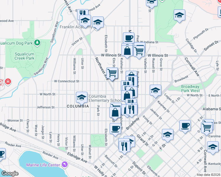 map of restaurants, bars, coffee shops, grocery stores, and more near 2615 Elm Street in Bellingham