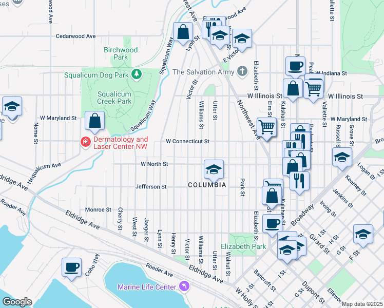 map of restaurants, bars, coffee shops, grocery stores, and more near 2613 Williams Street in Bellingham
