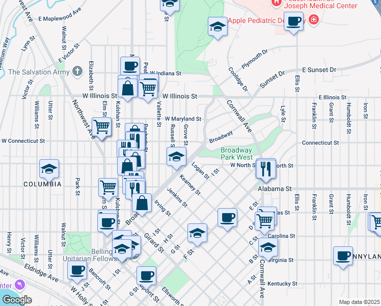 map of restaurants, bars, coffee shops, grocery stores, and more near 2511 Broadway Street in Bellingham