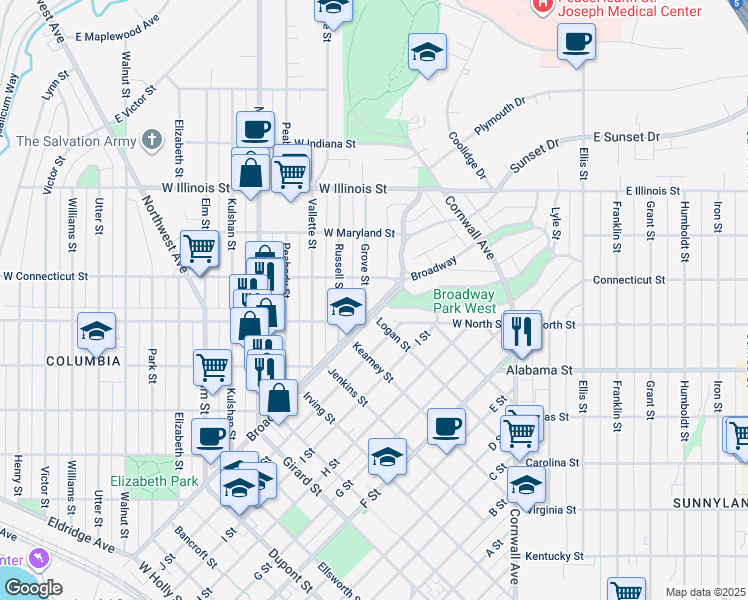 map of restaurants, bars, coffee shops, grocery stores, and more near 2511 Broadway in Bellingham