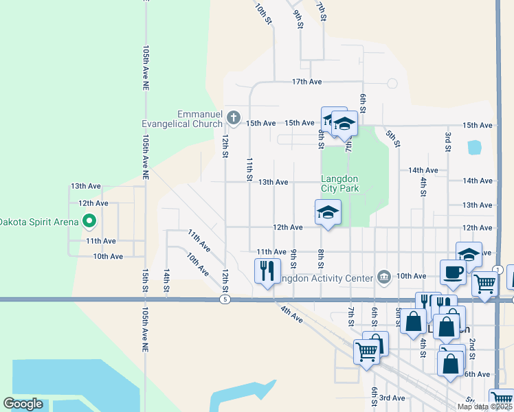 map of restaurants, bars, coffee shops, grocery stores, and more near 1201-1219 Ella Street in Langdon