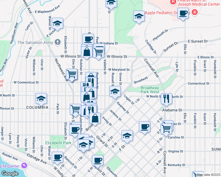 map of restaurants, bars, coffee shops, grocery stores, and more near 2616 Russell Street in Bellingham