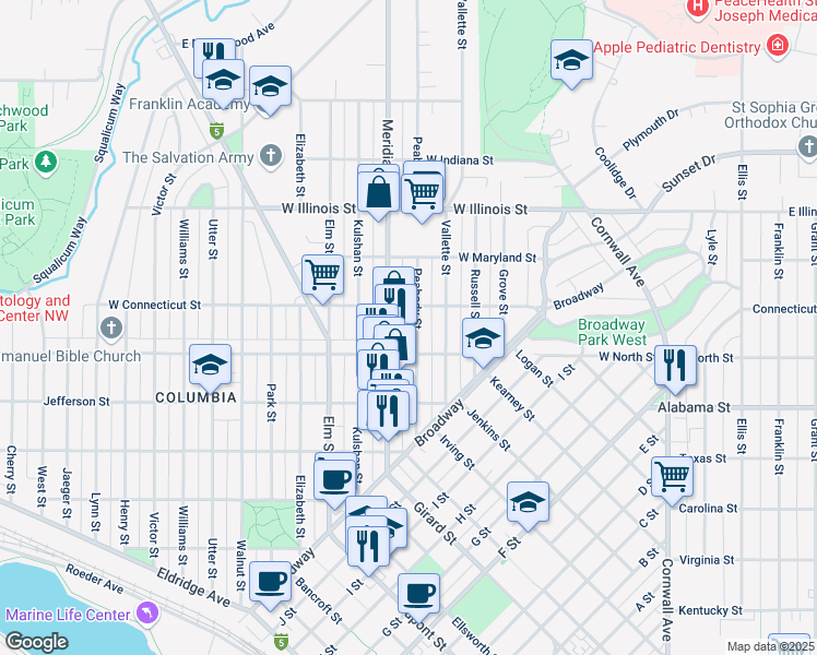 map of restaurants, bars, coffee shops, grocery stores, and more near 2621 Peabody St in Bellingham