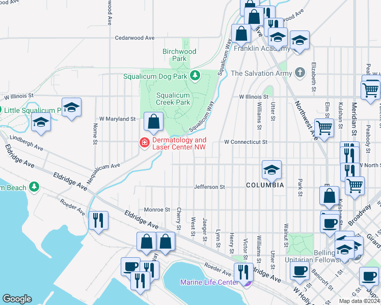 map of restaurants, bars, coffee shops, grocery stores, and more near 2622 Cherry Street in Bellingham