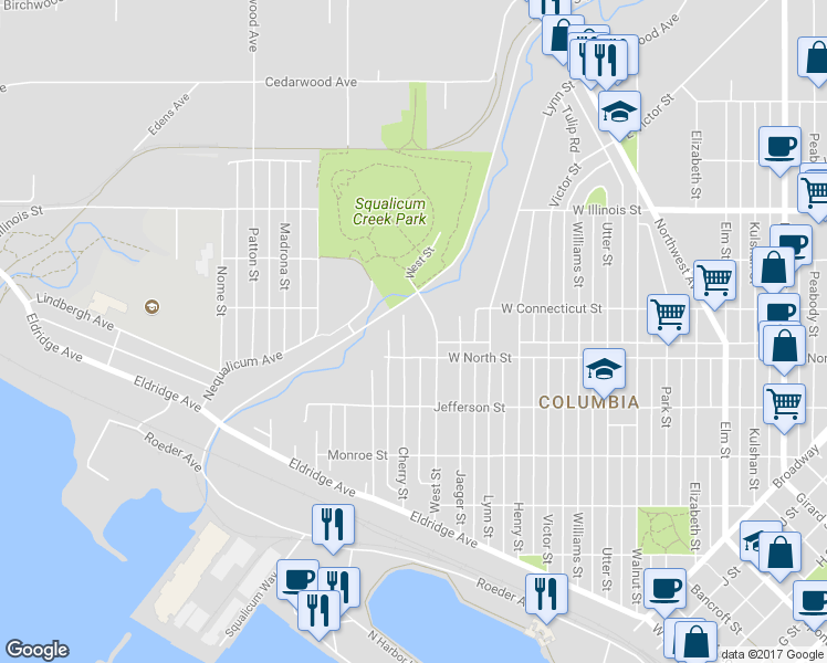 map of restaurants, bars, coffee shops, grocery stores, and more near 2622 Cherry Street in Bellingham