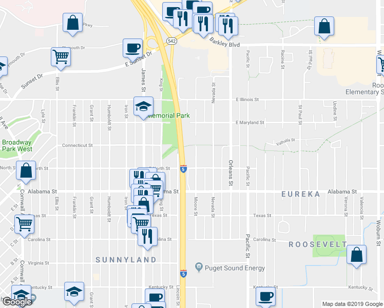 map of restaurants, bars, coffee shops, grocery stores, and more near 2625 Moore Street in Bellingham