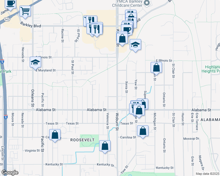 map of restaurants, bars, coffee shops, grocery stores, and more near 2626 Valencia Street in Bellingham