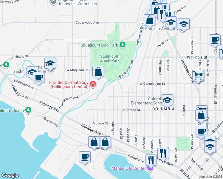 map of restaurants, bars, coffee shops, grocery stores, and more near 2621 Cherry Street in Bellingham