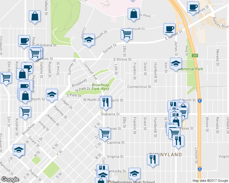 map of restaurants, bars, coffee shops, grocery stores, and more near 2621 Hampton Place in Bellingham