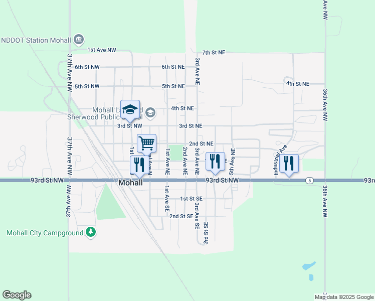 map of restaurants, bars, coffee shops, grocery stores, and more near 107-199 3rd Ave NE in Mohall