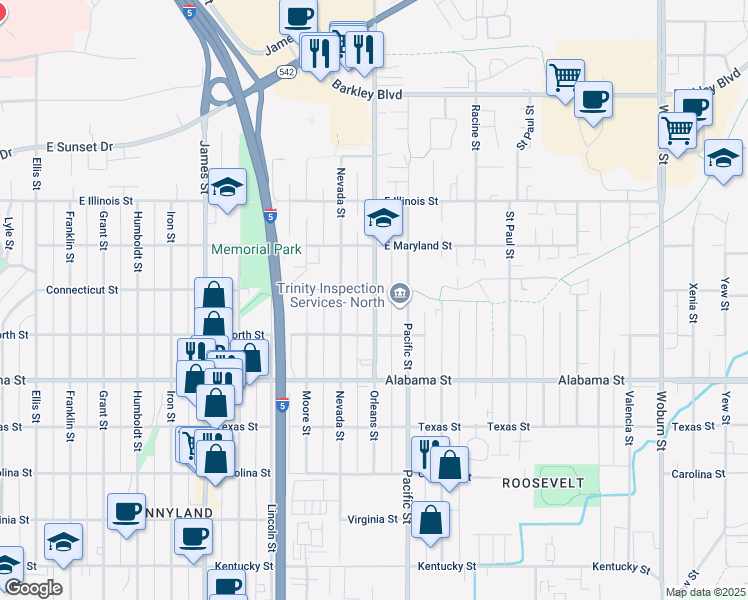 map of restaurants, bars, coffee shops, grocery stores, and more near 2614 Orleans Street in Bellingham