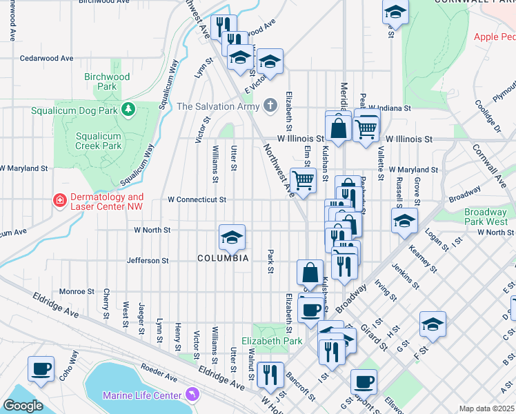 map of restaurants, bars, coffee shops, grocery stores, and more near 2612 Walnut Street in Bellingham